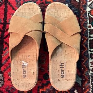 Cork bottom Earth Sandals, tan suede 8M never worn 1.5” heel